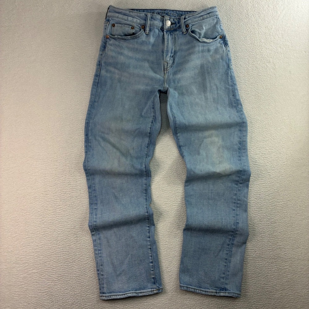 American Eagle Original Boot Jeans Men 28x30‎ Blue Whiskered Bootcut Faded Low